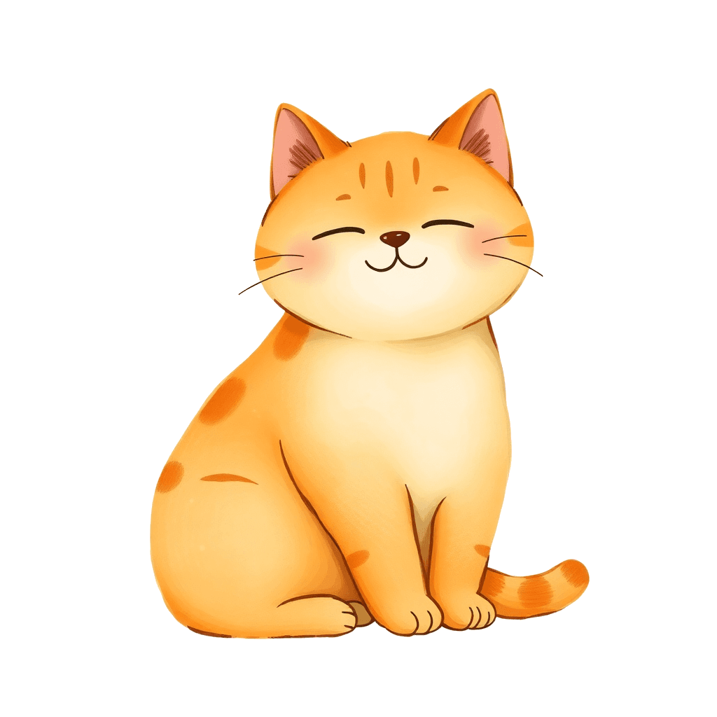 A cheerful orange cat sitting with a happy, satisfied smile